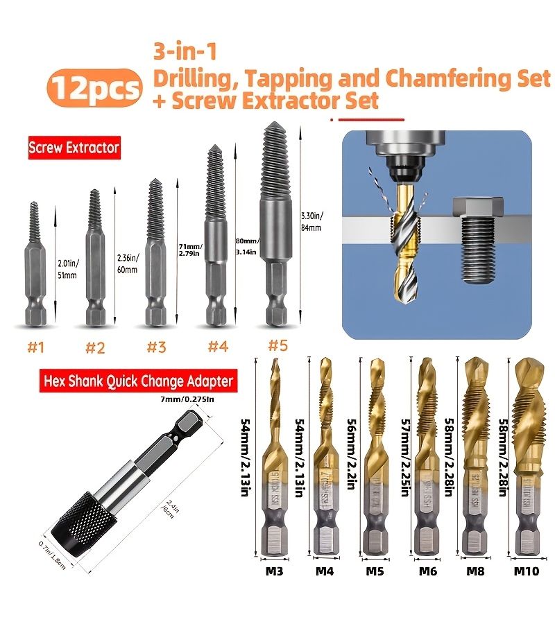 12 Pcs Coated Drill Bit Tap Set M3 to M10 Metric High Speed Steel with 1 4 Inch Hex Shank and Screw Extractor Kit for Efficient Drilling Tapping - Image 5