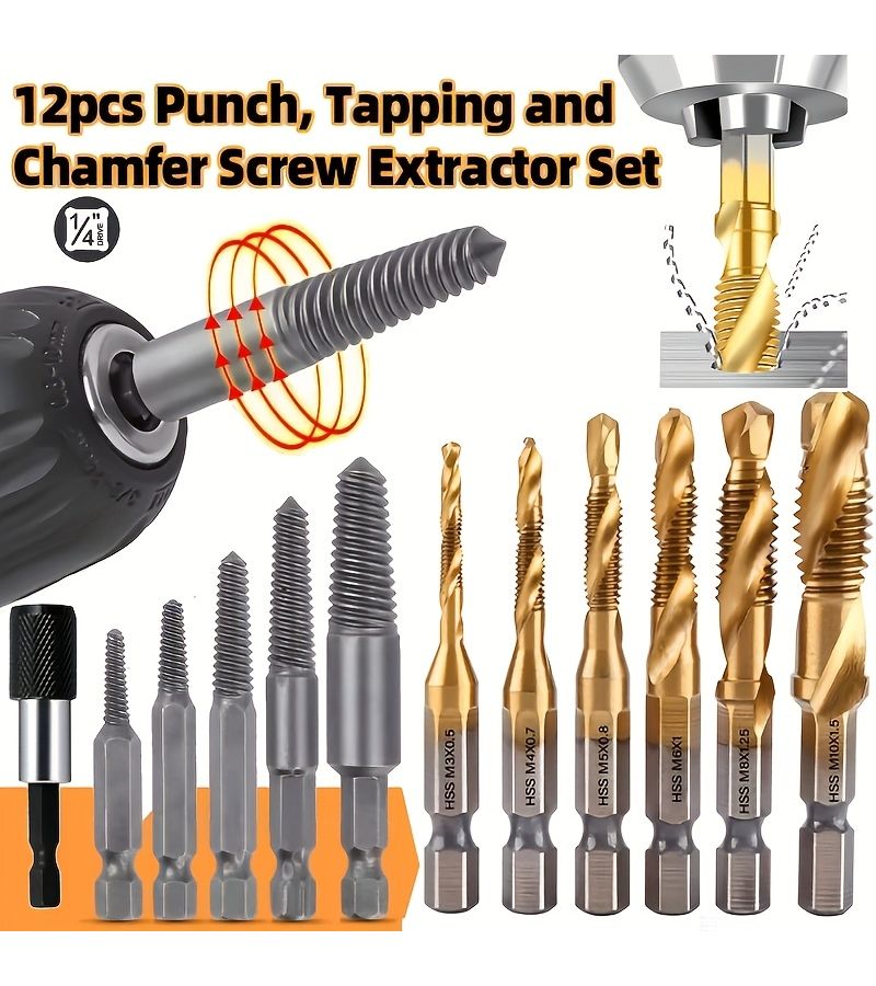 12 Pcs Coated Drill Bit Tap Set M3 to M10 Metric High Speed Steel with 1 4 Inch Hex Shank and Screw Extractor Kit for Efficient Drilling Tapping - Image 1