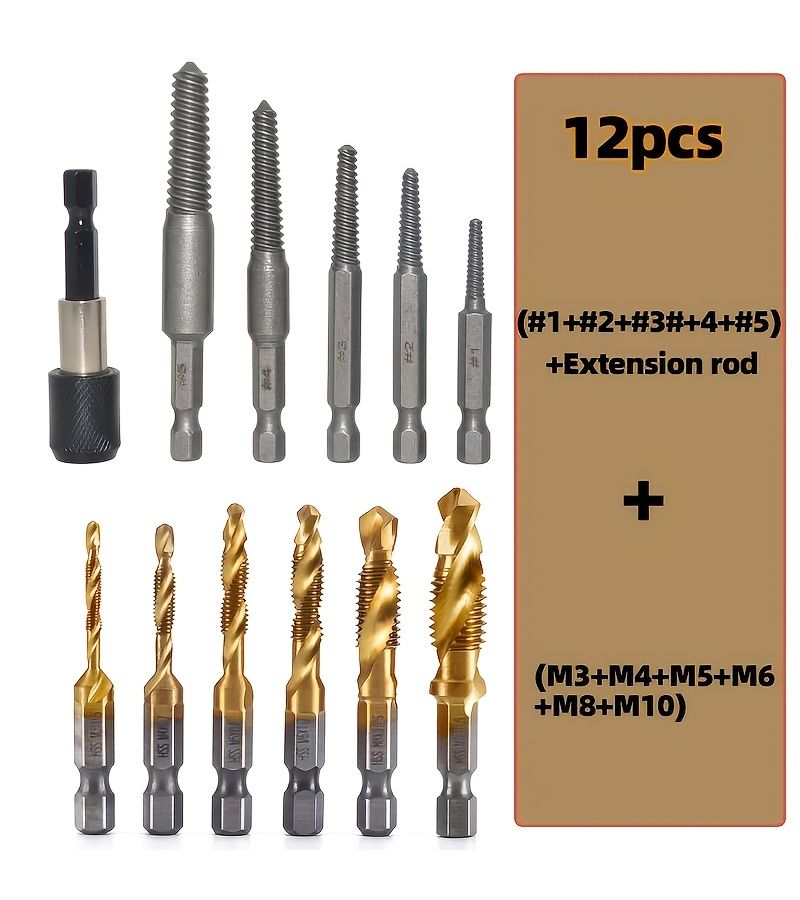 12 Pcs Coated Drill Bit Tap Set M3 to M10 Metric High Speed Steel with 1 4 Inch Hex Shank and Screw Extractor Kit for Efficient Drilling Tapping - Image 3