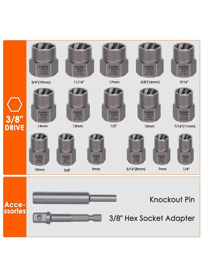 THINKWORK Bolt Extractor Kit, 18-Piece Nut Extractor Socket Set, 3/8" Drive Rounded Bolt Remover, Lug Nut Removal Tool for Damaged, Rusted, Rounded-Off, Stripped Fasteners - Image 5