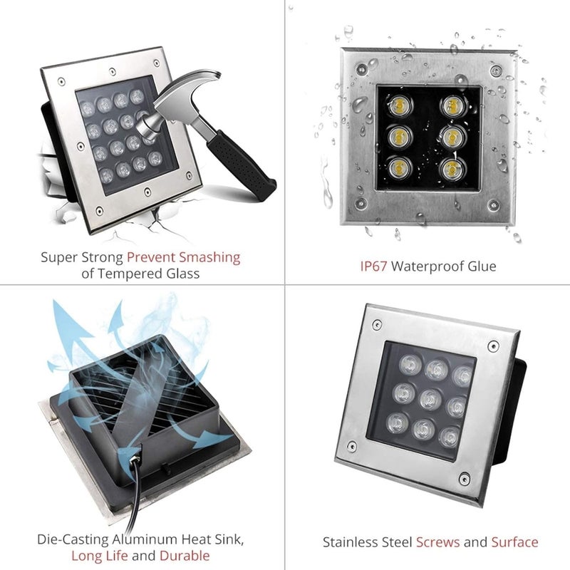مصباح LED مربع مدمج للإضاءة الخارجية تحت الأرض، إضاءة أرضية مقاومة للماء IP67، مصباح LED بجهد منخفض DC12V للتراسات، الحدائق، الممرات حول المسابح، الإضاءة المعمارية (أبيض دافئ، 9 واط (12 فولت)) - Image 5