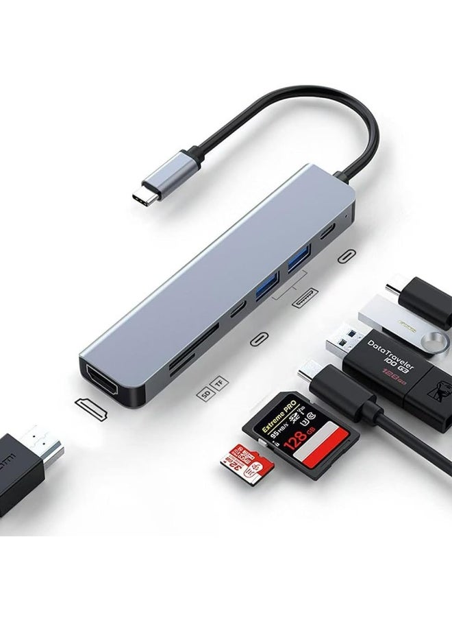 Generic - USB C Hub HDMI Adapter for MacBook Pro/Air, 7-in-1 Powered USB-C Multiport Hub Adapter with 4K HDMI, PD, USB 3.0, SD/TF Card Reader for MacBook Pro/Air Laptops, PC, iPad, iPhone 15/16 and More - Image 1
