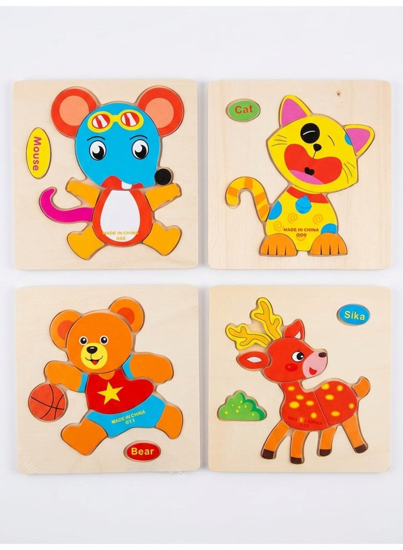 Wooden puzzle set for children consisting of 4 pieces with different animal shapes to develop skills - Image 1