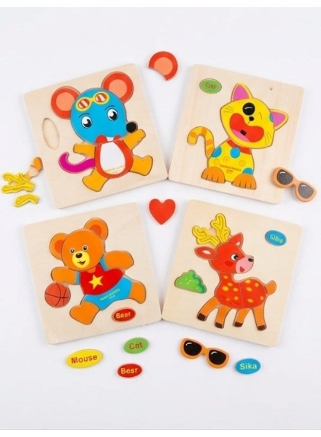 Wooden puzzle set for children consisting of 4 pieces with different animal shapes to develop skills - Image 3