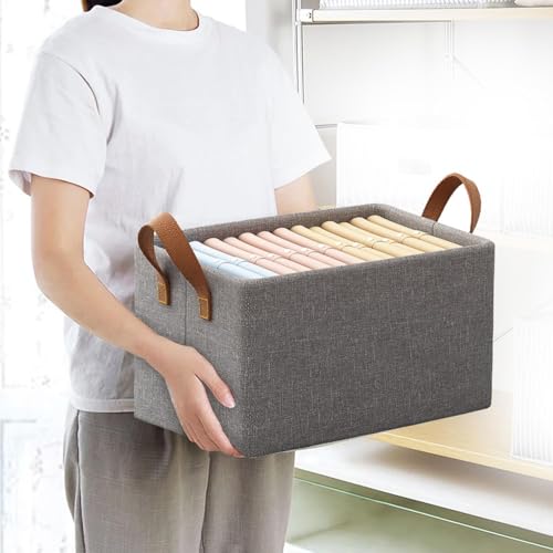 VERAT 10 Pcs of Large Foldable Storage Box and Organiser with Metal Frame/Woven Fabric Clothes Organiser with Handle/Wardrobe Organizer for Storage/Almirah Organizer for Shirts/Jeans/Sweater (Grey) - Image 2