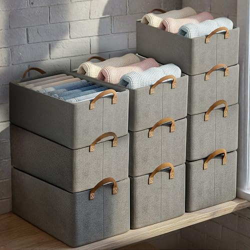 VERAT 10 Pcs of Large Foldable Storage Box and Organiser with Metal Frame/Woven Fabric Clothes Organiser with Handle/Wardrobe Organizer for Storage/Almirah Organizer for Shirts/Jeans/Sweater (Grey) - Image 1