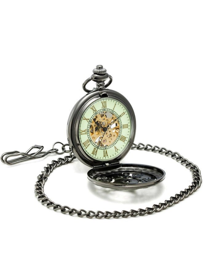 SEWOR Mens Luminous Dial Hand Wind Mechanical Pocket Watch with Brand Leather Gift Box (Stand Up Black), Green, Mechanical, Green, Mechanical - Image 4