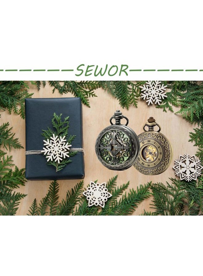 SEWOR Mens Luminous Dial Hand Wind Mechanical Pocket Watch with Brand Leather Gift Box (Stand Up Black), Green, Mechanical, Green, Mechanical - Image 2