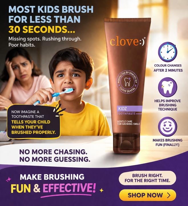 Clove Kidz Toothpaste for Kids 3+ Years , FREE ₹2000 Dental Treatment/ Services With Every Pack , Natural Strawberry Flavour, Cavity Protection & Enamel Support, Colour Changing, Safe formula, Gluten-Free 100g - Image 5