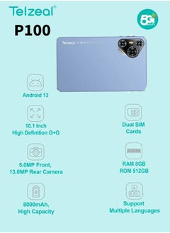 Telzeal Telzeal P100 10.1 Inch Android 13 Tablet with 5G WiFi and Dual SIM 8GB RAM 512GB ROM 8000 mAh High Capacity Battery Wireless Keyboard and Mouse Blue  - Image 3