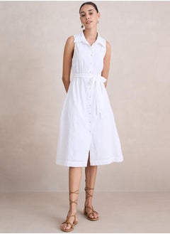 Femmella Seersucker Sleeveless Shirt Midi Dress by Styli  - Image 1