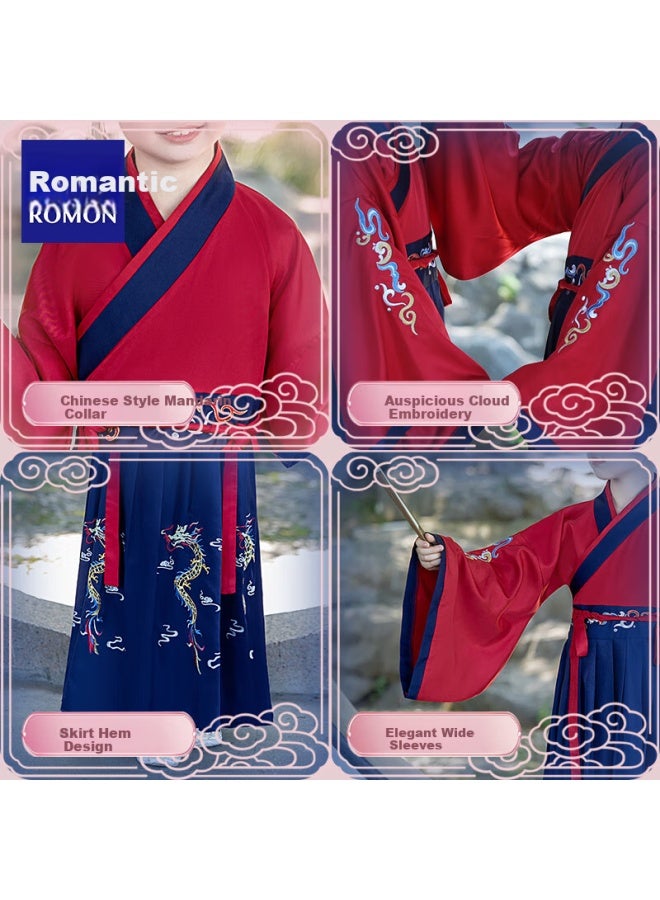 ROMON Romon Children's Traditional Chinese Hanfu Costume For Boys And Girls, Ancient Chinese Style Campus Recitation Outfit Performance Costume, Burgundy, Size 110  - Image 3