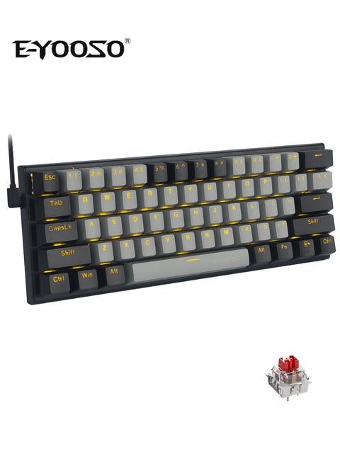 60% Wired Mechanical Gaming Keyboard with Red Switches, Yellow LED Backlit, Ultra-Compact Computer Keyboard for PS4/5, Windows, Mac OS (Grey Black)