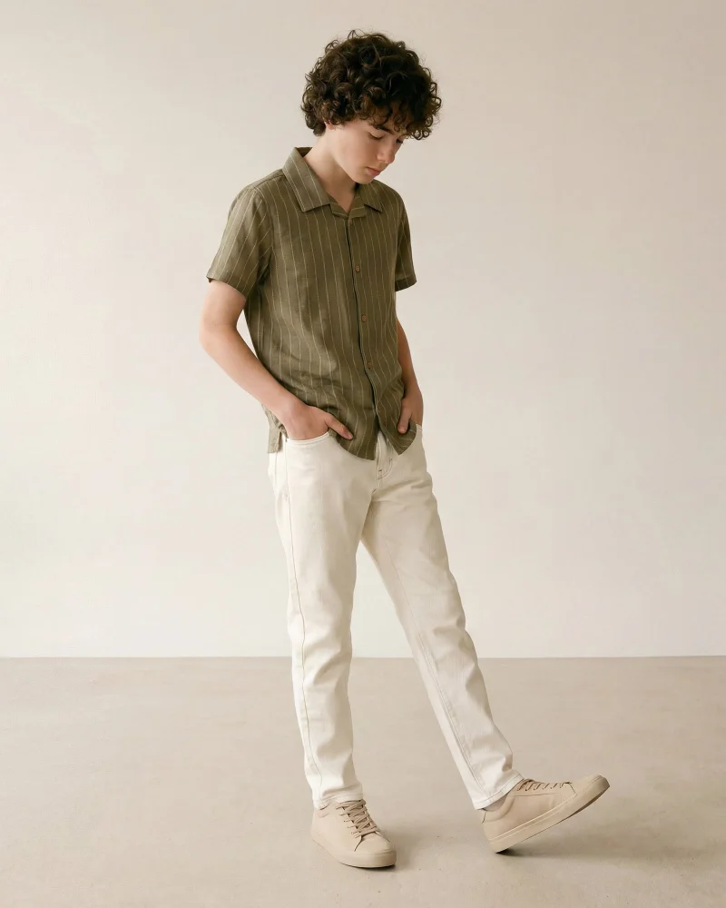 Redtag Senior Boys Olive Needle Stripe Casual Shirt