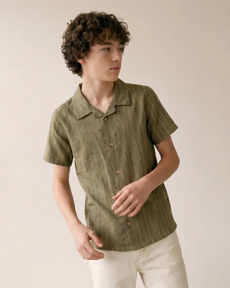 Redtag Senior Boys Olive Needle Stripe Casual Shirt