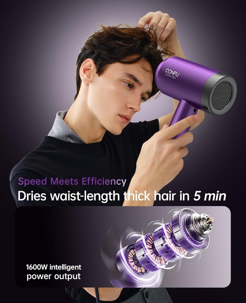 CONFU Hair Dryer with Diffuser, Ionic Blow Dryer 1600W, Portable Lightweight Fast Drying Negative Ion Hairdryer, 3 Heat Settings with Diffuser and Concentrator Nozzle for Home & Travel - Image 2