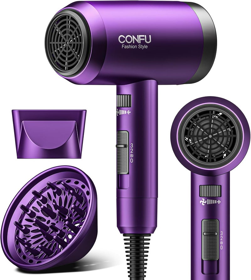 CONFU Hair Dryer with Diffuser, Ionic Blow Dryer 1600W, Portable Lightweight Fast Drying Negative Ion Hairdryer, 3 Heat Settings with Diffuser and Concentrator Nozzle for Home & Travel - Image 1