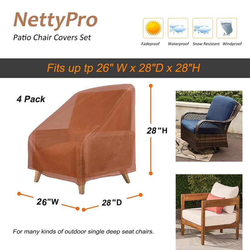 NettyPro Patio Chair Covers for Outdoor Furniture 4 Pack, Waterproof Heavy Duty Lawn Patio Furniture Cover Deep Seat Dining Chair Covers Small, 28W x 30D x 28H inches, Brown - Image 4