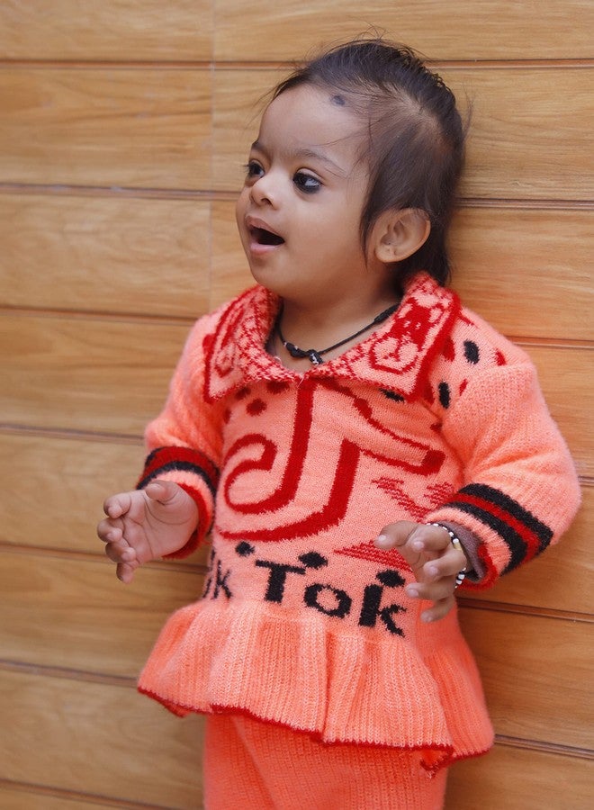 Honbon Baby Woolen Sweater with Payjama Peach Color Collar Neck Full Sleeve Frock Sweater for Baby Girls 1-2 Years - Image 5