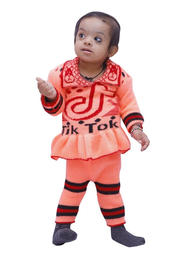 Honbon Baby Woolen Sweater with Payjama Peach Color Collar Neck Full Sleeve Frock Sweater for Baby Girls 1-2 Years - Image 1