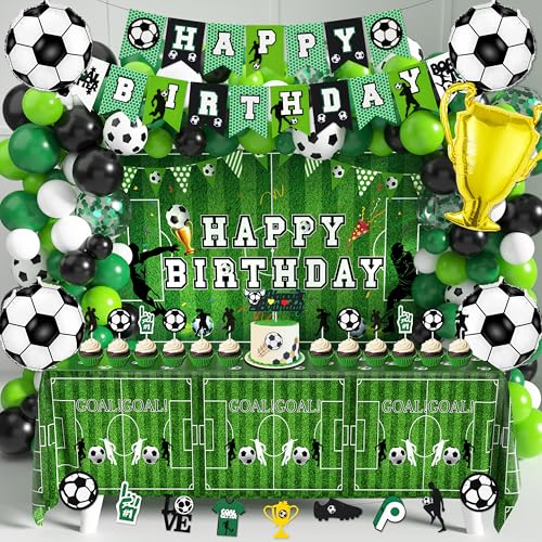 BORAMDO Soccer Birthday Party Decorations 87Pcs Soccer Birthday Party Supplies Including Tablecloth Backdrop Banner Cake Topper Latex Balloons Foil Balloons Decorations Kit - Image 1