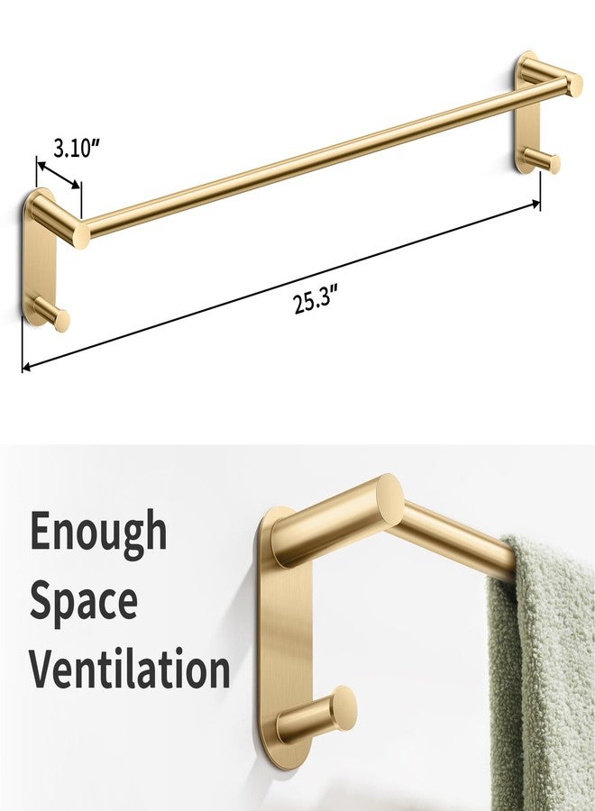Josmimic 24 Inch Adhesive Towel Bar - Stainless Steel Stick on Towel Rack for Bathroom, No Drilling Towel Holder with 2 Hooks, Brushed Gold - Image 2