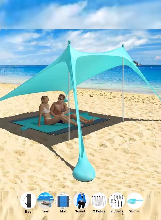 Outdoor.Market All-in-One Pop-Up Beach Tent Canopy – UPF50+ Lycra Sun Shade with 2 Stability Poles, Beach Mat, Towel, Shovel, Nodes, Pegs & Carry Bag – Windproof Outdoor Shelter for Camping, Fishing, Backyard (Blue) - Image 1