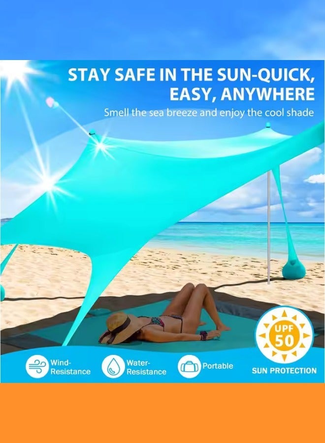 Outdoor.Market All-in-One Pop-Up Beach Tent Canopy – UPF50+ Lycra Sun Shade with 2 Stability Poles, Beach Mat, Towel, Shovel, Nodes, Pegs & Carry Bag – Windproof Outdoor Shelter for Camping, Fishing, Backyard (Blue) - Image 4