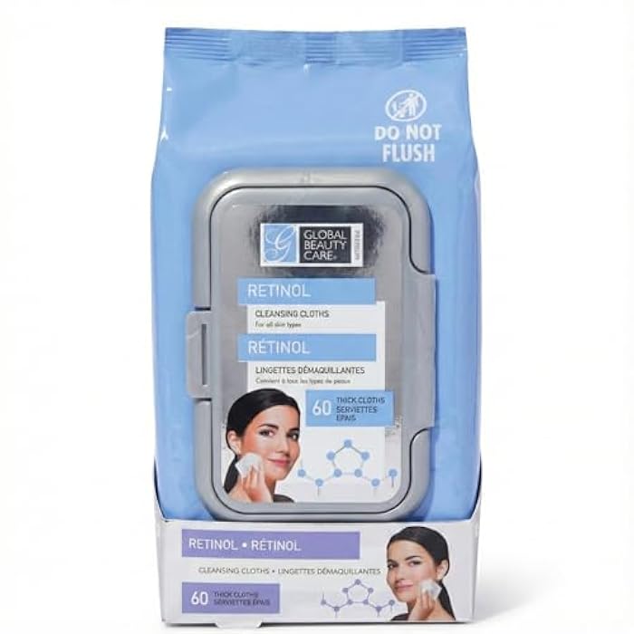 Global Beauty Care Retinol Makeup Remover Wipes - Gentle Daily Facial Cleansing Wipes for Sensitive Skin, Anti-Aging, Hydrating & Renewing For Radiant Smooth Skin, Travel-Friendly, 60 Count (1-Pack) - Image 1
