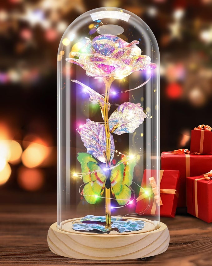 GLASS ROSE FLOWER WOMENS GIFTS FOR CHRISTMAS VALENTINES DAY MOTHERS DAY TEACHER APPRECIATION GRADUATION BIRTHDAY GIFTS FOR WOMEN MOM WIFE GIRLFRIEND GRANDMA SISTER TEACHER WOOD COLORFUL