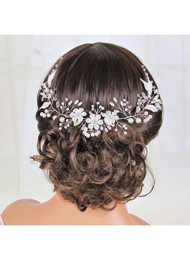 Unicra Bride Flower Wedding Hair Vine Leaf Silver Bridal Hair Piece Pearls Hair Accessories for Women and Girls - Image 3