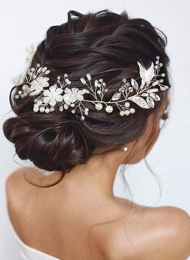 Unicra Bride Flower Wedding Hair Vine Leaf Silver Bridal Hair Piece Pearls Hair Accessories for Women and Girls - Image 1