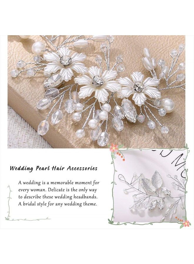 Unicra Bride Flower Wedding Hair Vine Leaf Silver Bridal Hair Piece Pearls Hair Accessories for Women and Girls - Image 4