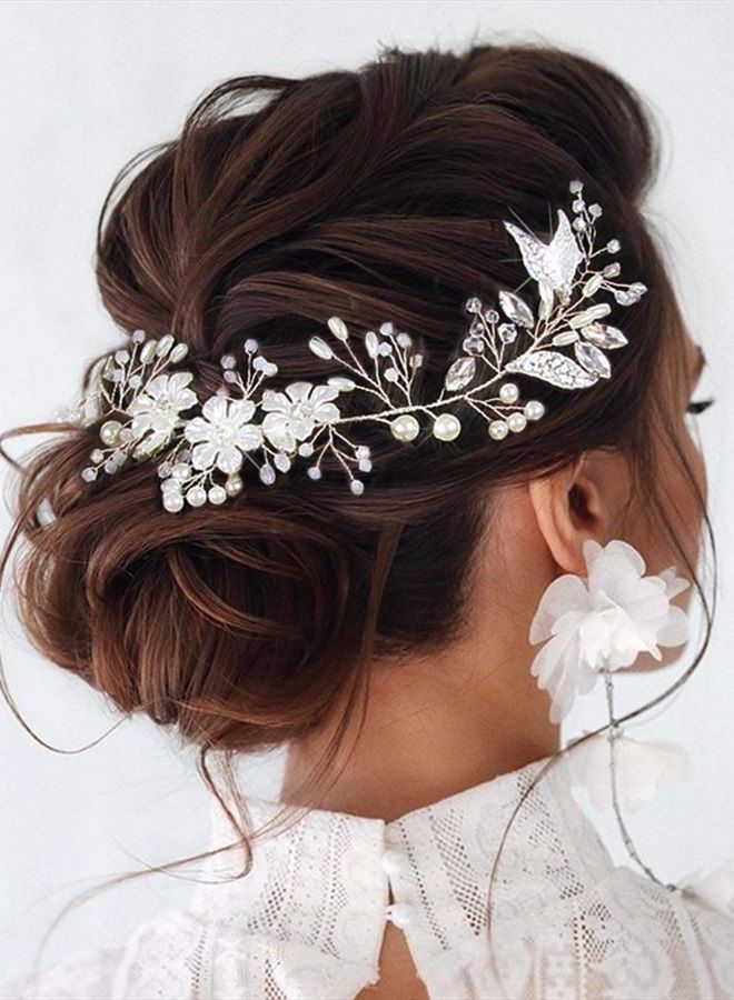 Unicra Bride Flower Wedding Hair Vine Leaf Silver Bridal Hair Piece Pearls Hair Accessories for Women and Girls - Image 5