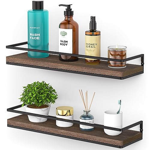 Meangood Floating Shelves Wall Mounted Set of 2, Rustic Wood Wall Storage Shelves for Bedroom,Living Room,Bathroom, Kitchen Brown - Image 1