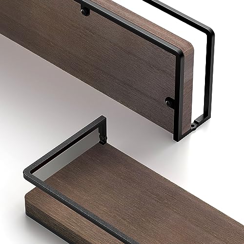 Meangood Floating Shelves Wall Mounted Set of 2, Rustic Wood Wall Storage Shelves for Bedroom,Living Room,Bathroom, Kitchen Brown - Image 3