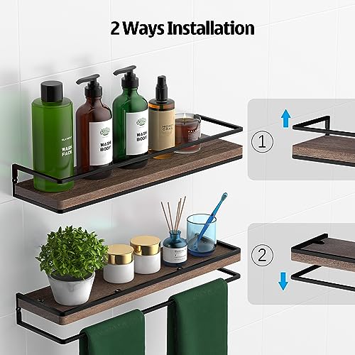 Meangood Floating Shelves Wall Mounted Set of 2, Rustic Wood Wall Storage Shelves for Bedroom,Living Room,Bathroom, Kitchen Brown - Image 5