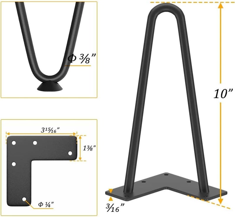 HIRVALL Heavy Duty Hairpin Legs for Desk Legs Console Table Legs for Any Types Furniture Black 10MM Thick Legs x 4 2 Rod 10 inch - Image 2
