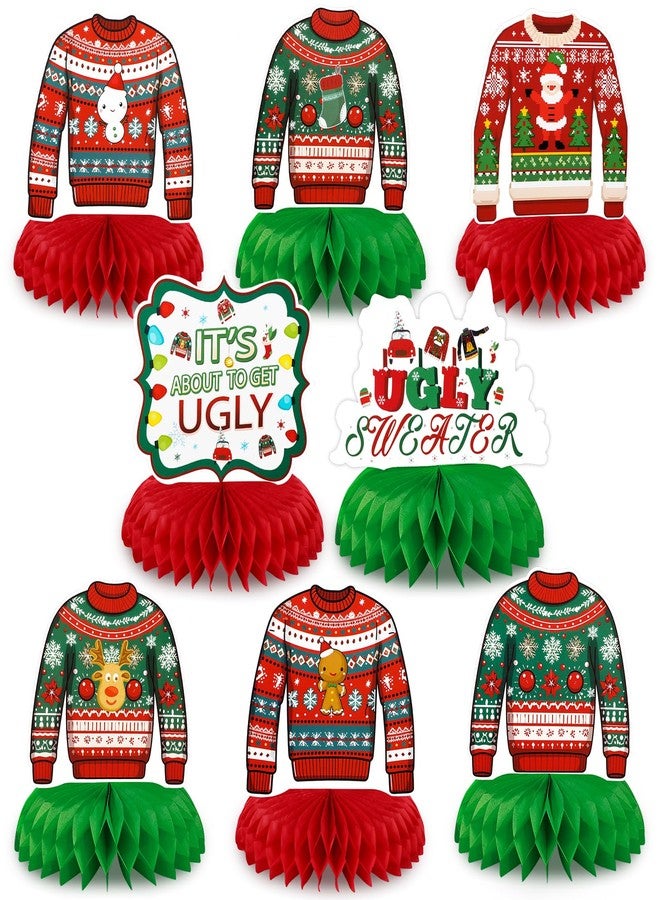 كونسيت زينة طاولة لحفلات عيد الميلاد بنمط سترات عيد الميلاد القبيحة من Konsait، 8 قطع من زينة الطاولة على شكل خلية نحل بنمط سترات عيد الميلاد القبيحة، لوازم حفلات عيد الميلاد، زينة حفلات بنمط سترات عيد الميلاد القبيحة - Image 1