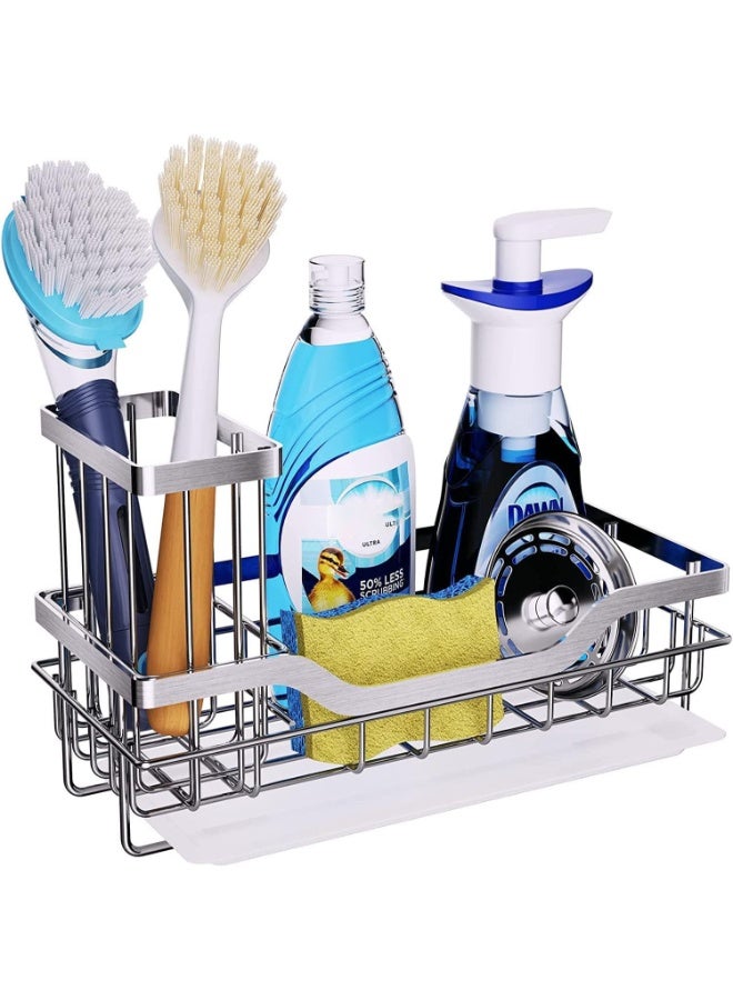 Relex Sponge Holder for Kitchen Sink Counter, Kitchen Sink Caddy Organizer Brush Storage, 304 Stainless Steel Dish Soap Holder Rack with Removable Drain Tray - Not Included Brush (Silver) - Image 1
