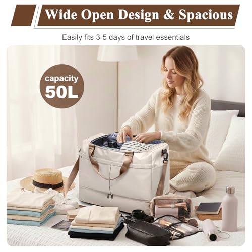 HYC00 Weekender Bags for Women - 50L Large Travel Duffle Bag with Shoe Compartment - Carry on Overnight Bag for Travel, Weekend Getaway, Gym, Hospital - Image 2