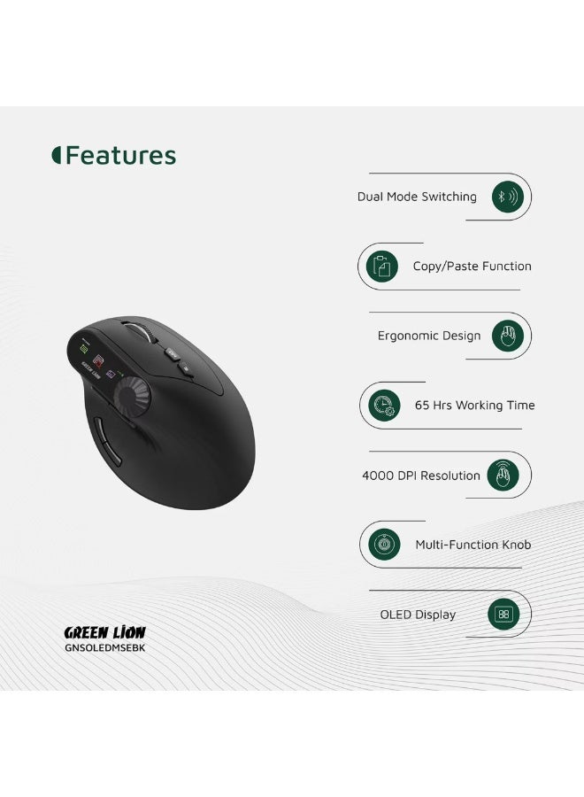 GREEN LION Smart OLED Vertical Mouse with Ergonomic Design, Multi-Function Knob, 65 Hours Working Time, Dual Mode Switching - Black - Image 4