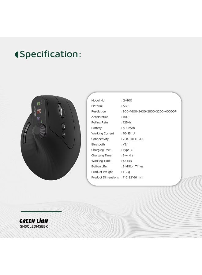 GREEN LION Smart OLED Vertical Mouse with Ergonomic Design, Multi-Function Knob, 65 Hours Working Time, Dual Mode Switching - Black - Image 5