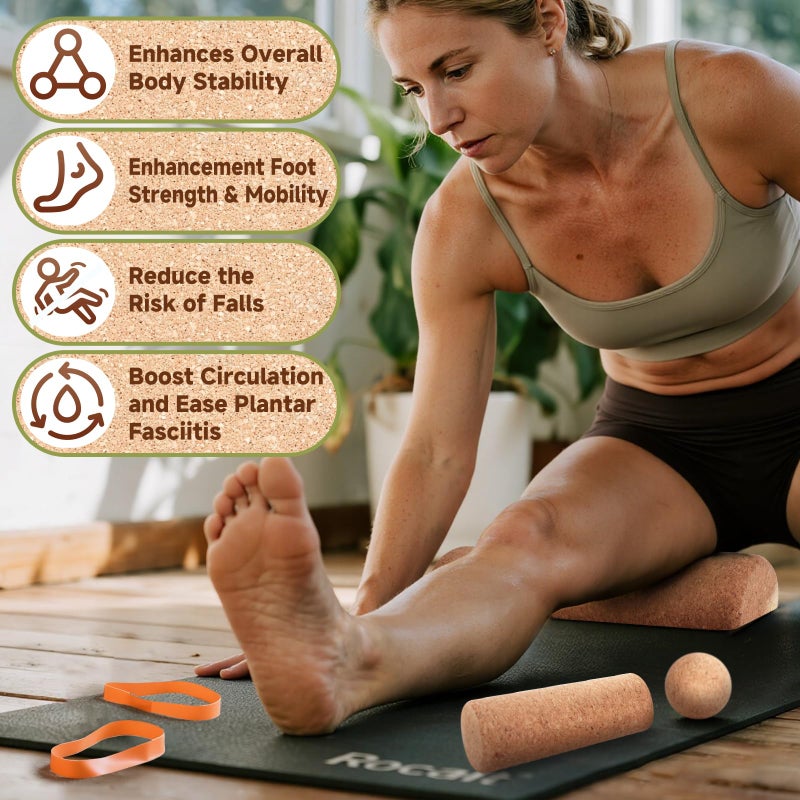 Rocalt Cork Balance Board, Premium Cork 4-in-1 Foot & Ankle Strengthener Kit, Balance Trainer with Massage Roller & Ball, Toe Resistance Bands, Storage Bag & Exercise Guide for Enhance Mobility, Improve Foot Function, Prevent Falls - Image 4