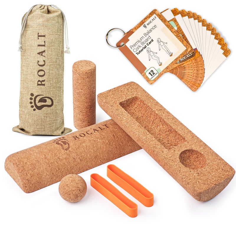 Rocalt Cork Balance Board, Premium Cork 4-in-1 Foot & Ankle Strengthener Kit, Balance Trainer with Massage Roller & Ball, Toe Resistance Bands, Storage Bag & Exercise Guide for Enhance Mobility, Improve Foot Function, Prevent Falls - Image 1