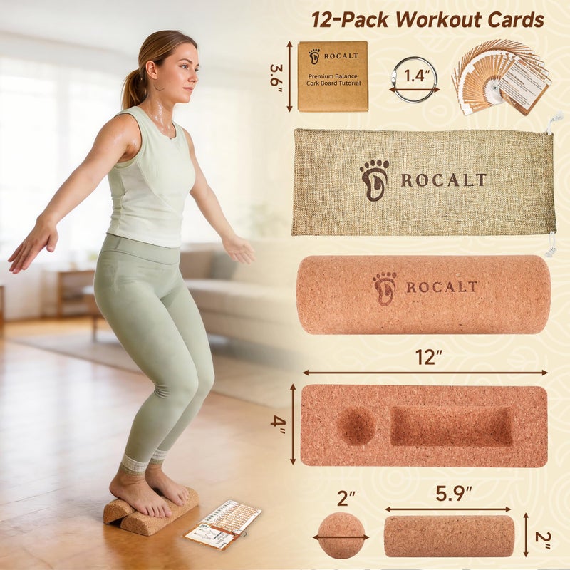 Rocalt Cork Balance Board, Premium Cork 4-in-1 Foot & Ankle Strengthener Kit, Balance Trainer with Massage Roller & Ball, Toe Resistance Bands, Storage Bag & Exercise Guide for Enhance Mobility, Improve Foot Function, Prevent Falls - Image 2