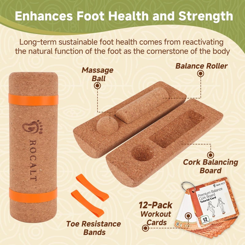 Rocalt Cork Balance Board, Premium Cork 4-in-1 Foot & Ankle Strengthener Kit, Balance Trainer with Massage Roller & Ball, Toe Resistance Bands, Storage Bag & Exercise Guide for Enhance Mobility, Improve Foot Function, Prevent Falls - Image 3