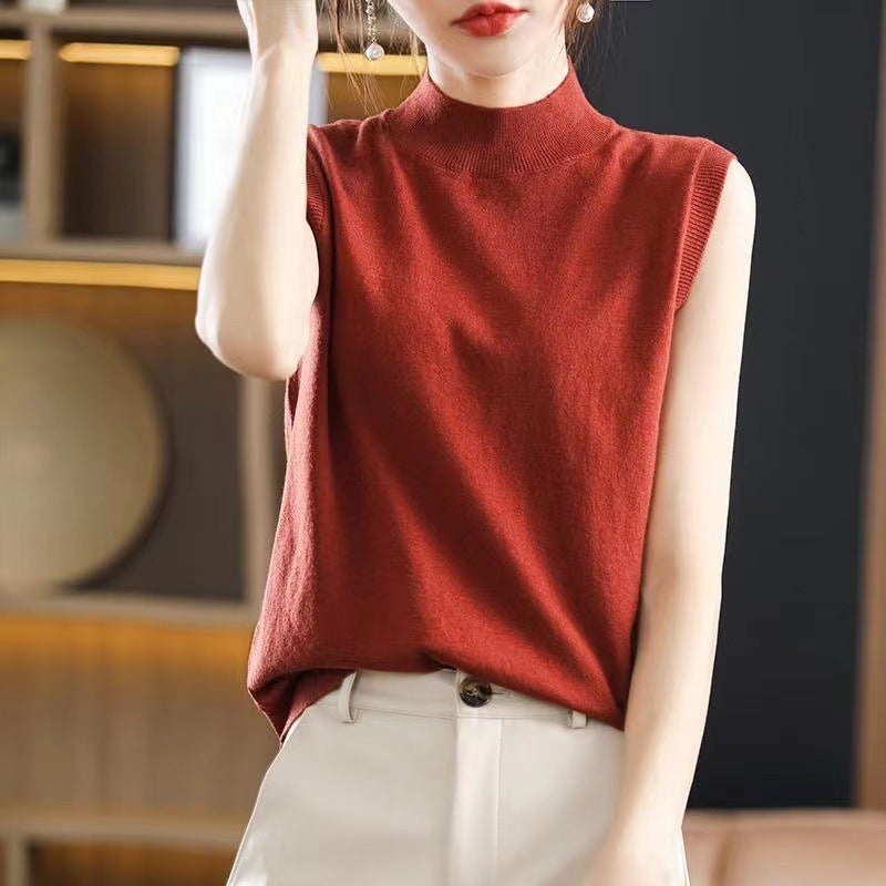 Ice Silk T-Shirt 2024 Spring And Korean Style Sleeveless Bottoming Shirt Half Turtleneck Slim Knitted Inner Vest Top - Image 1