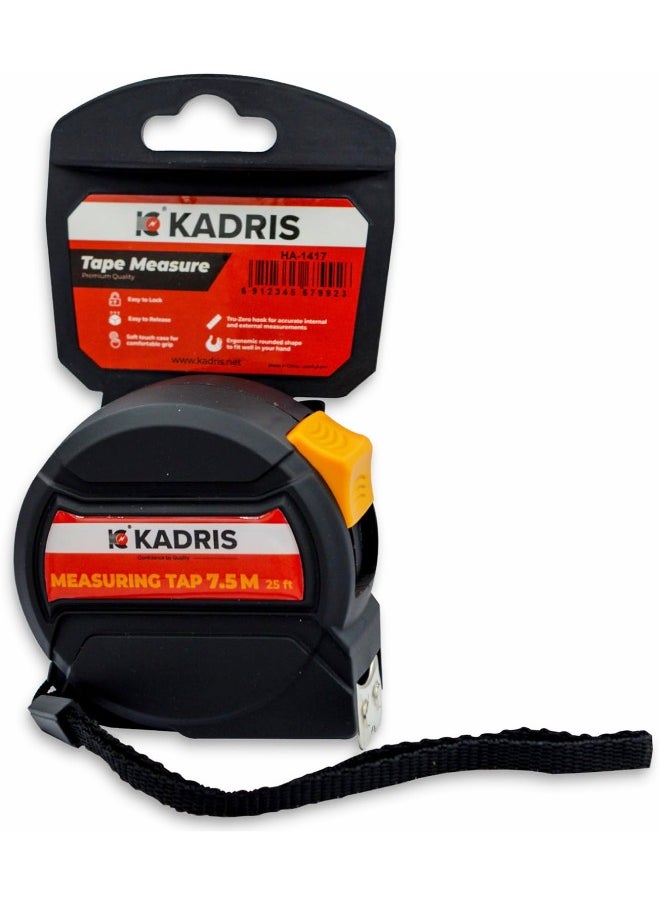 KADRIS - شريط قياس فولاذي مع قفل تلقائي ثقيل HA-1417، شريط قياس قابل للسحب بطول 7.5 متر، قياس سهل القراءة بالإنش والقدم والمتر والسم والعشرة ملليمتر - Image 1
