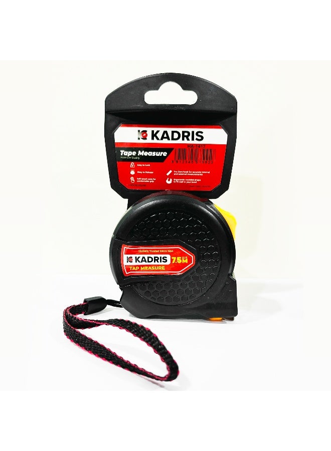 KADRIS شريط قياس فولاذي مع قفل تلقائي ثقيل HA-1417، شريط قياس قابل للسحب بطول 7.5 متر، قياس سهل القراءة بالإنش والقدم والمتر والسم والعشرة ملليمتر - Image 1